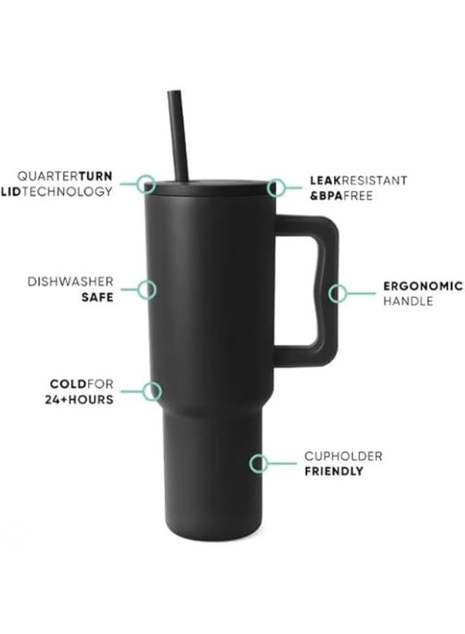 كوب من الفولاذ المقاوم للصدأ معزول بتفريغ الهواء سعة، مزود بمقبض وغطاء مانع للتسرب وماصة قابلة لإعادة الاستخدام - يحافظ على المشروبات ساخنة وباردة، مثالي للسفر والنادي الرياضي (أسود) - Image 3